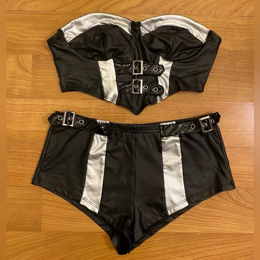 Black Faux Leather & Metallic Silver Buckle Festival Set